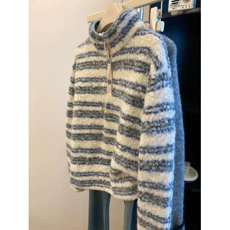 FA55836# 原版面料特大码300斤蓝色条纹半高领仿羊羔圈圈毛卫衣女 服裝批發女裝批發服飾貨源