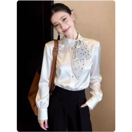 FA55838# 法式御姐穿搭轻奢系带蕾丝衬衫女春季新款通勤高级感显瘦上衣 服裝批發女裝批發服飾貨源