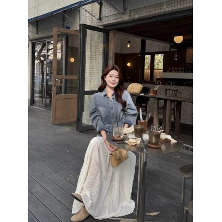 FA55840# 天空之城韩系气质浅蓝色牛仔衬衫女早春设计宽松显瘦腰带上衣 服裝批發女裝批發服飾貨源