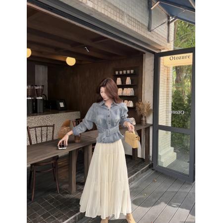 FA55840# 天空之城韩系气质浅蓝色牛仔衬衫女早春设计宽松显瘦腰带上衣 服裝批發女裝批發服飾貨源