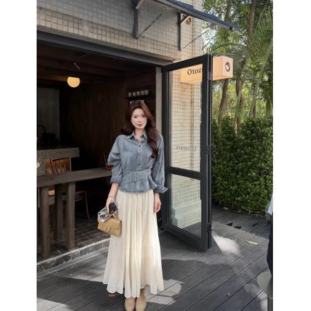 FA55840# 天空之城韩系气质浅蓝色牛仔衬衫女早春设计宽松显瘦腰带上衣 服裝批發女裝批發服飾貨源