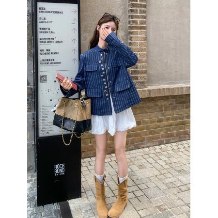 FA55841# 蓝色气质高级感竖条纹外套女早秋新款小个子独特个性时尚夹克 服裝批發女裝批發服飾貨源