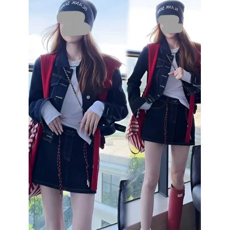 FA55842# 韩系气质辣妹复古牛仔外套短裙女装秋冬新款百搭休闲时髦套装 服裝批發女裝批發服飾貨源