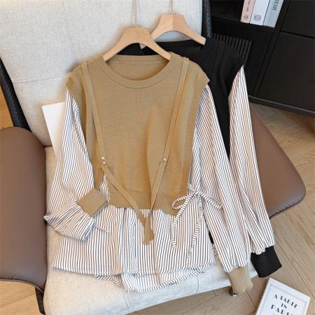 FA55844# 大码女装新款春季显瘦高级感宽松减龄假两件长袖衬衣 服裝批發女裝批發服飾貨源