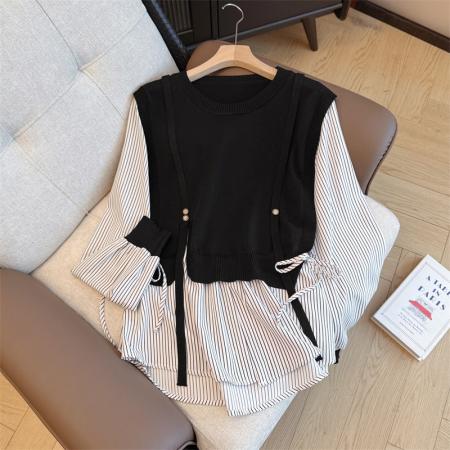 FA55844# 大码女装新款春季显瘦高级感宽松减龄假两件长袖衬衣 服裝批發女裝批發服飾貨源