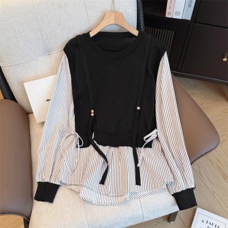 FA55844# 大码女装新款春季显瘦高级感宽松减龄假两件长袖衬衣 服裝批發女裝批發服飾貨源