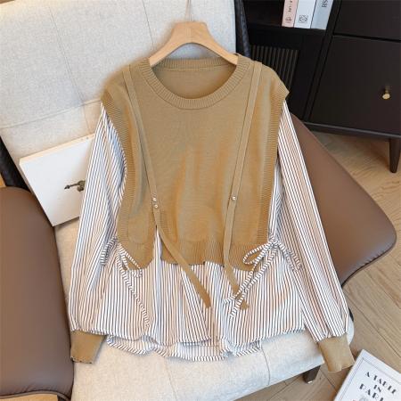 FA55844# 大码女装新款春季显瘦高级感宽松减龄假两件长袖衬衣 服裝批發女裝批發服飾貨源