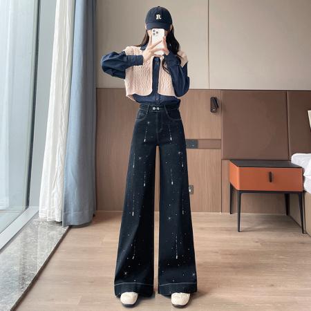 FA55845# 满天星闪钻阔腿喇叭牛仔裤女春季新款宽松显瘦直筒裤 服裝批發女裝批發服飾貨源