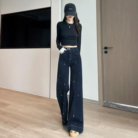 FA55845# 满天星闪钻阔腿喇叭牛仔裤女春季新款宽松显瘦直筒裤 服裝批發女裝批發服飾貨源