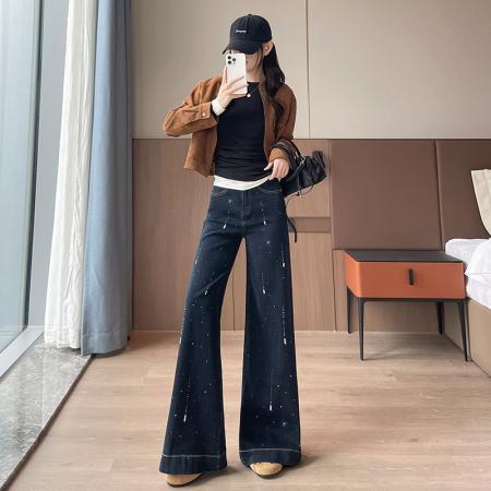FA55845# 满天星闪钻阔腿喇叭牛仔裤女春季新款宽松显瘦直筒裤 服裝批發女裝批發服飾貨源