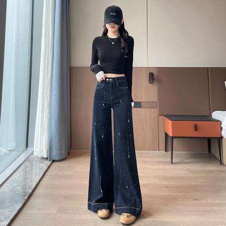 FA55845# 满天星闪钻阔腿喇叭牛仔裤女春季新款宽松显瘦直筒裤 服裝批發女裝批發服飾貨源