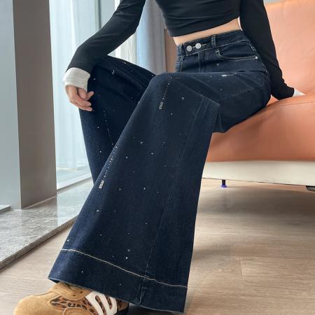 FA55845# 满天星闪钻阔腿喇叭牛仔裤女春季新款宽松显瘦直筒裤 服裝批發女裝批發服飾貨源