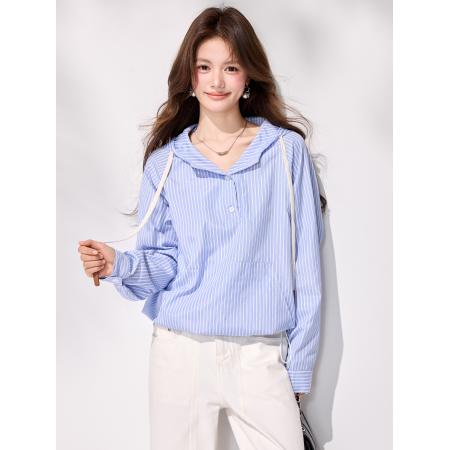FA55846# 春季新款上衣高级感蓝色条纹衬衫女连帽外套设计感衬衣 服裝批發女裝批發服飾貨源