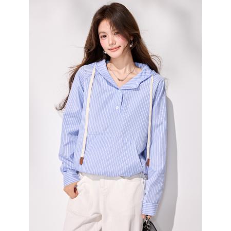FA55846# 春季新款上衣高级感蓝色条纹衬衫女连帽外套设计感衬衣 服裝批發女裝批發服飾貨源