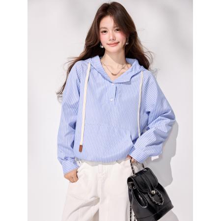 FA55846# 春季新款上衣高级感蓝色条纹衬衫女连帽外套设计感衬衣 服裝批發女裝批發服飾貨源