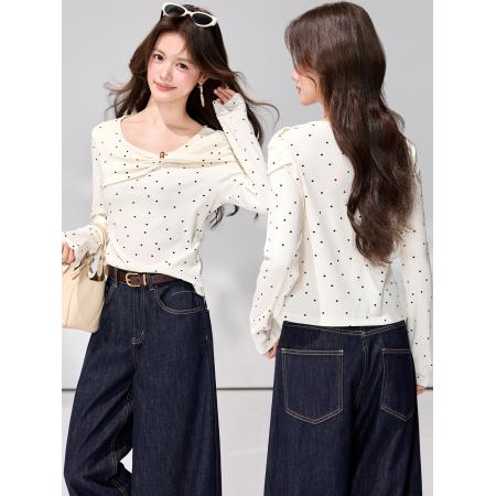 FA55847# 春季新款温柔杏色波点设计感修身长袖T恤百搭通勤上衣 服裝批發女裝批發服飾貨源
