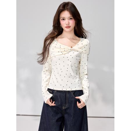 FA55847# 春季新款温柔杏色波点设计感修身长袖T恤百搭通勤上衣 服裝批發女裝批發服飾貨源
