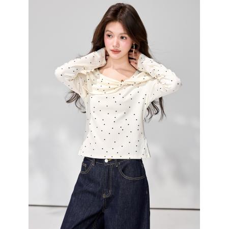 FA55847# 春季新款温柔杏色波点设计感修身长袖T恤百搭通勤上衣 服裝批發女裝批發服飾貨源