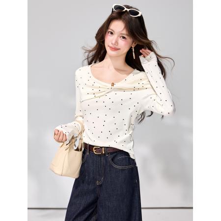 FA55847# 春季新款温柔杏色波点设计感修身长袖T恤百搭通勤上衣 服裝批發女裝批發服飾貨源