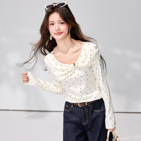 FA55847# 春季新款温柔杏色波点设计感修身长袖T恤百搭通勤上衣 服裝批發女裝批發服飾貨源