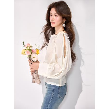FA55848# 春季新款露肩绑带长袖衬衫女早春穿搭新款宽松收腰上衣 服裝批發女裝批發服飾貨源