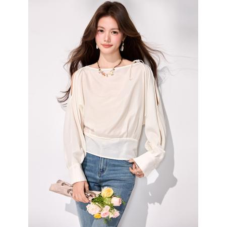 FA55848# 春季新款露肩绑带长袖衬衫女早春穿搭新款宽松收腰上衣 服裝批發女裝批發服飾貨源