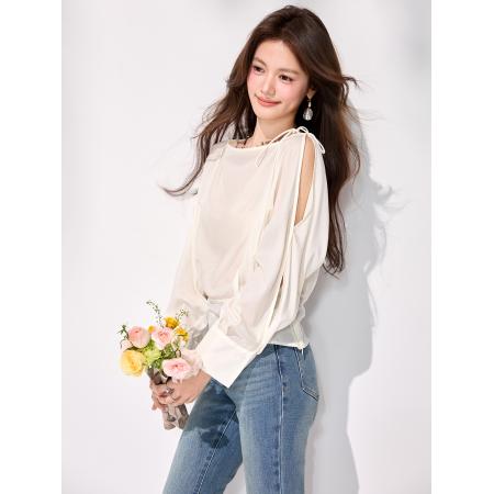 FA55848# 春季新款露肩绑带长袖衬衫女早春穿搭新款宽松收腰上衣 服裝批發女裝批發服飾貨源