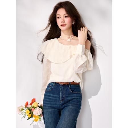 FA55849# 春季新款法式荷叶边露肩衬衫通勤气质温柔刺绣雪纺上衣 服裝批發女裝批發服飾貨源