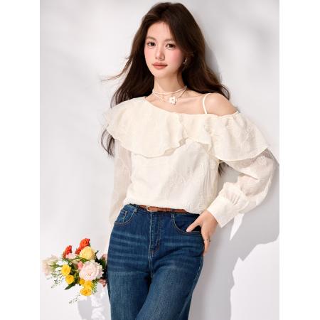FA55849# 春季新款法式荷叶边露肩衬衫通勤气质温柔刺绣雪纺上衣 服裝批發女裝批發服飾貨源