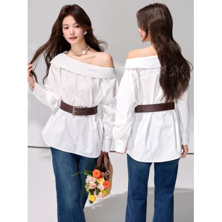 FA55850# 春季新款一字领气质衬衫女收腰设计感小众长袖辣妹上衣 服裝批發女裝批發服飾貨源