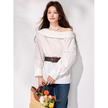 FA55850# 春季新款一字领气质衬衫女收腰设计感小众长袖辣妹上衣 服裝批發女裝批發服飾貨源