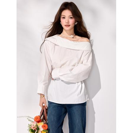 FA55850# 春季新款一字领气质衬衫女收腰设计感小众长袖辣妹上衣 服裝批發女裝批發服飾貨源