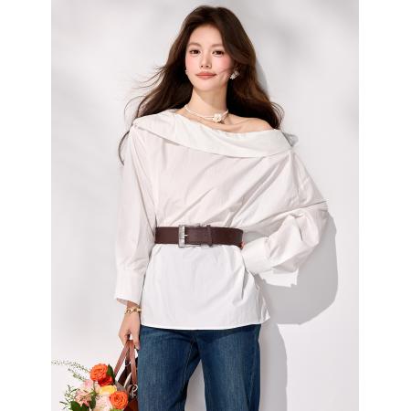 FA55850# 春季新款一字领气质衬衫女收腰设计感小众长袖辣妹上衣 服裝批發女裝批發服飾貨源