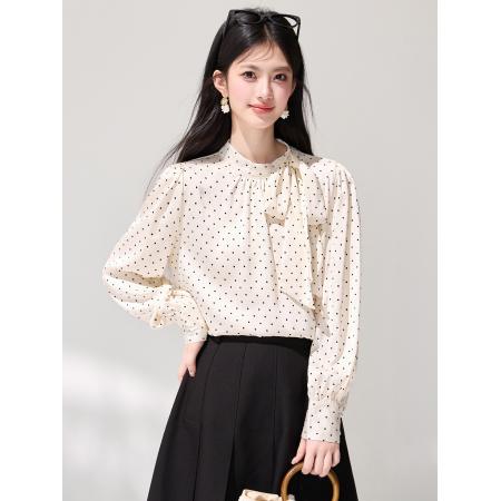 FA55851# 春季新款蝴蝶结飘带波点立领衬衫长袖气质通勤缎面衬衣 服裝批發女裝批發服飾貨源