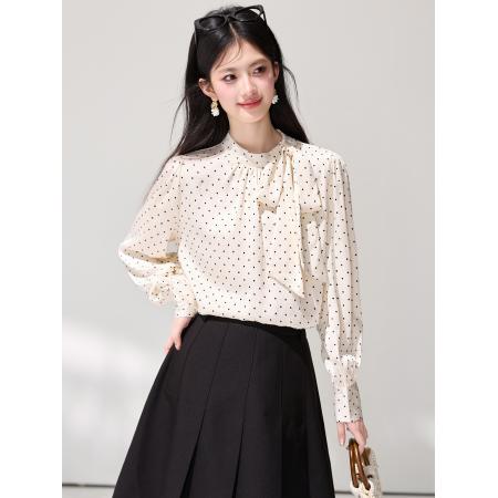 FA55851# 春季新款蝴蝶结飘带波点立领衬衫长袖气质通勤缎面衬衣 服裝批發女裝批發服飾貨源