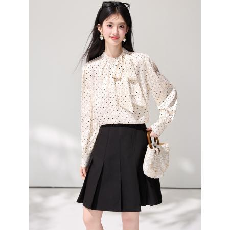 FA55851# 春季新款蝴蝶结飘带波点立领衬衫长袖气质通勤缎面衬衣 服裝批發女裝批發服飾貨源
