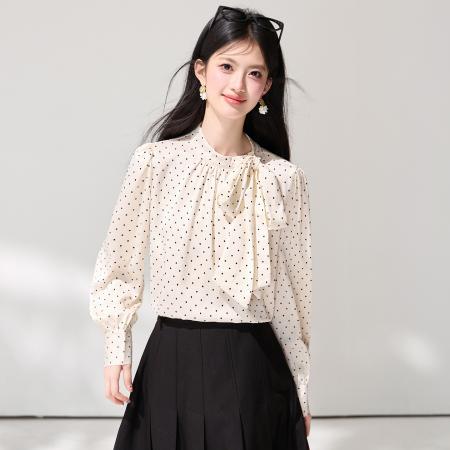FA55851# 春季新款蝴蝶结飘带波点立领衬衫长袖气质通勤缎面衬衣 服裝批發女裝批發服飾貨源
