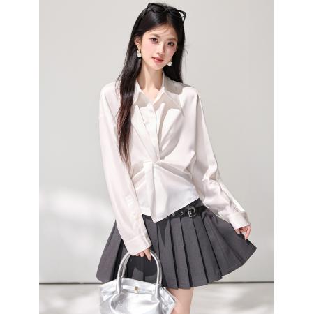 FA55852# 春季新款法式缎面V领扭结衬衫高级慵懒感气质通勤上衣 服裝批發女裝批發服飾貨源