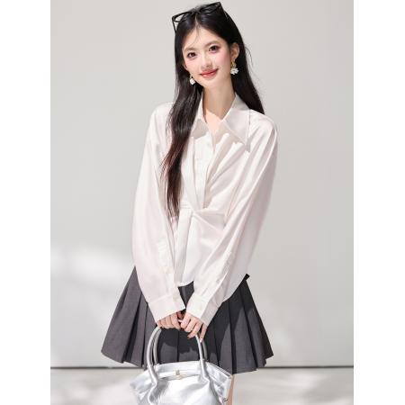 FA55852# 春季新款法式缎面V领扭结衬衫高级慵懒感气质通勤上衣 服裝批發女裝批發服飾貨源