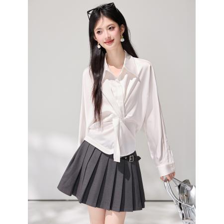 FA55852# 春季新款法式缎面V领扭结衬衫高级慵懒感气质通勤上衣 服裝批發女裝批發服飾貨源