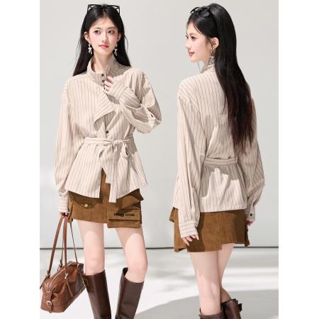 FA55853# 春季新款通勤百搭宽松高智感条纹系带老钱风衬衫上衣 服裝批發女裝批發服飾貨源