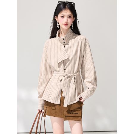 FA55853# 春季新款通勤百搭宽松高智感条纹系带老钱风衬衫上衣 服裝批發女裝批發服飾貨源