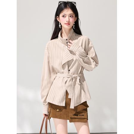FA55853# 春季新款通勤百搭宽松高智感条纹系带老钱风衬衫上衣 服裝批發女裝批發服飾貨源