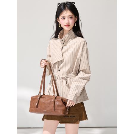 FA55853# 春季新款通勤百搭宽松高智感条纹系带老钱风衬衫上衣 服裝批發女裝批發服飾貨源