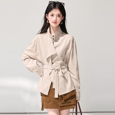 FA55853# 春季新款通勤百搭宽松高智感条纹系带老钱风衬衫上衣 服裝批發女裝批發服飾貨源