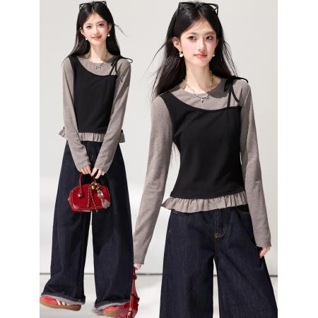 FA55854# 春季新款假两件拼接长袖T恤女绝美巨好看通勤外搭上衣 服裝批發女裝批發服飾貨源