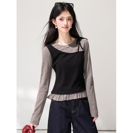 FA55854# 春季新款假两件拼接长袖T恤女绝美巨好看通勤外搭上衣 服裝批發女裝批發服飾貨源