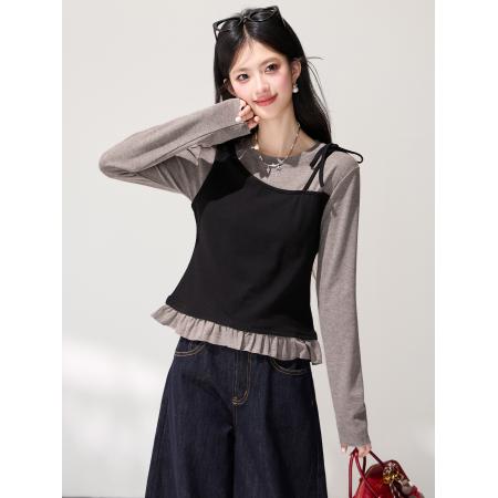 FA55854# 春季新款假两件拼接长袖T恤女绝美巨好看通勤外搭上衣 服裝批發女裝批發服飾貨源