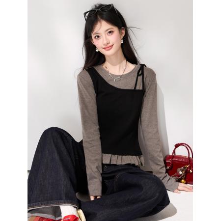 FA55854# 春季新款假两件拼接长袖T恤女绝美巨好看通勤外搭上衣 服裝批發女裝批發服飾貨源