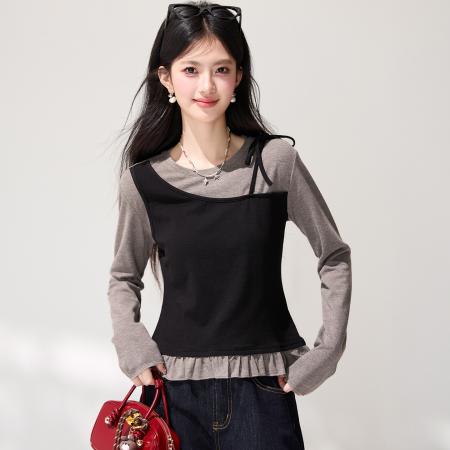 FA55854# 春季新款假两件拼接长袖T恤女绝美巨好看通勤外搭上衣 服裝批發女裝批發服飾貨源